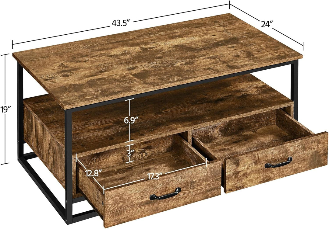 Rustic Industrial Coffee Table with Storage Shelf, Rustic Brown