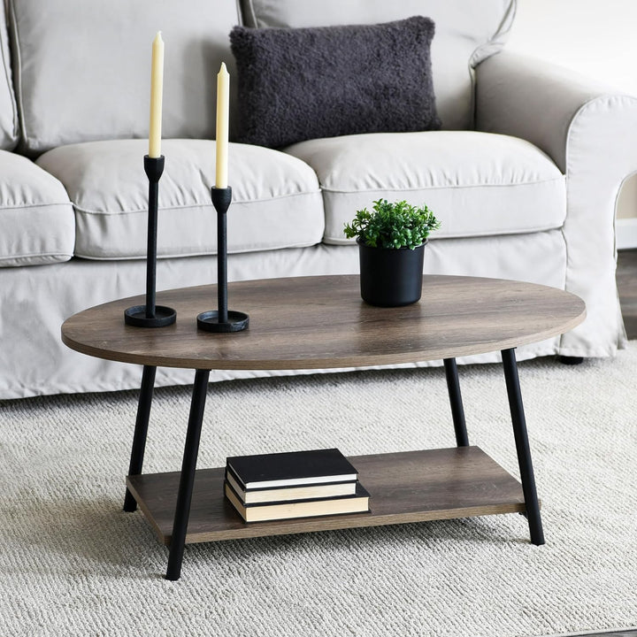 Rustic Oval Coffee Table with Storage Shelf, Distressed Ashwood