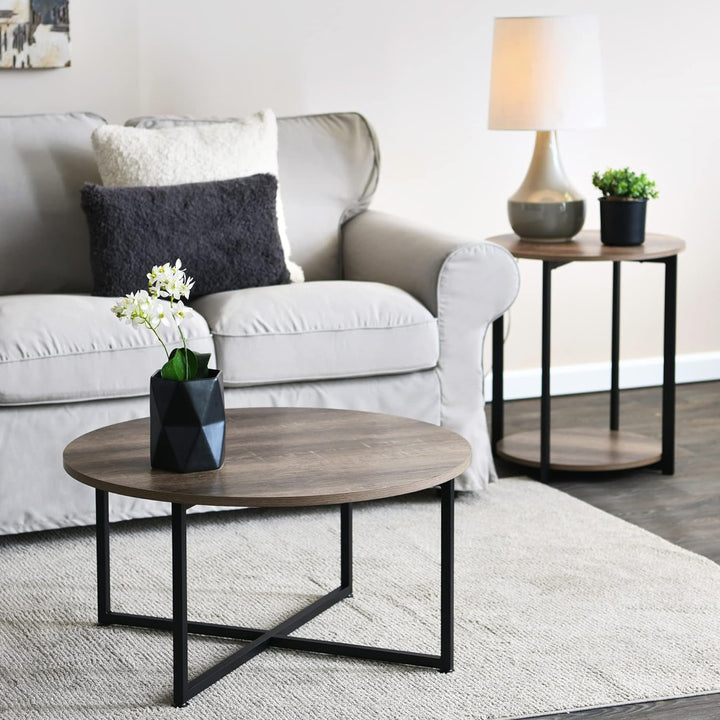 Jamestown Round Coffee Table, Rustic Wood Grain and Black Metal