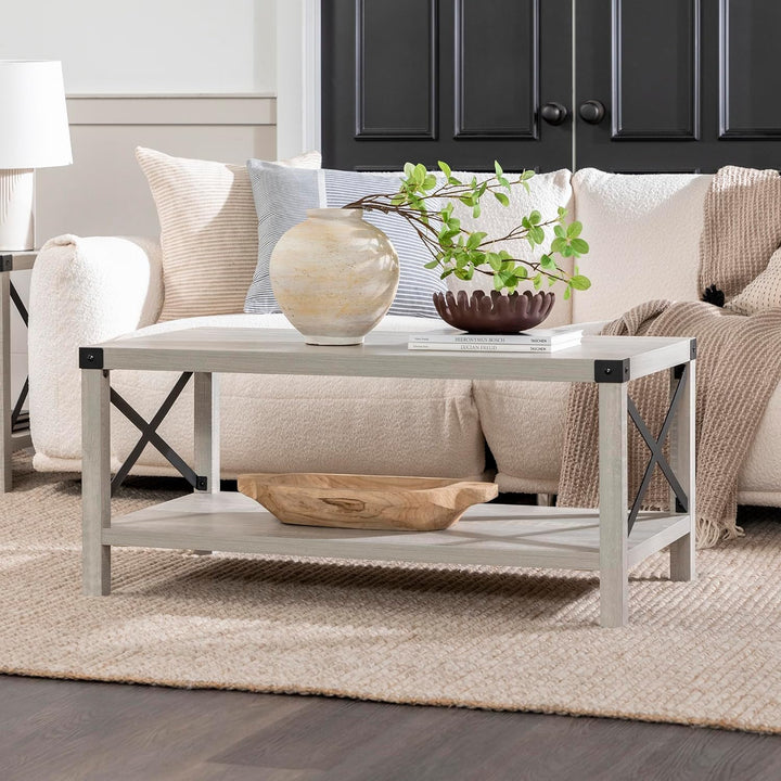 Sedalia Modern Farmhouse Metal X Coffee Table, Stone Grey