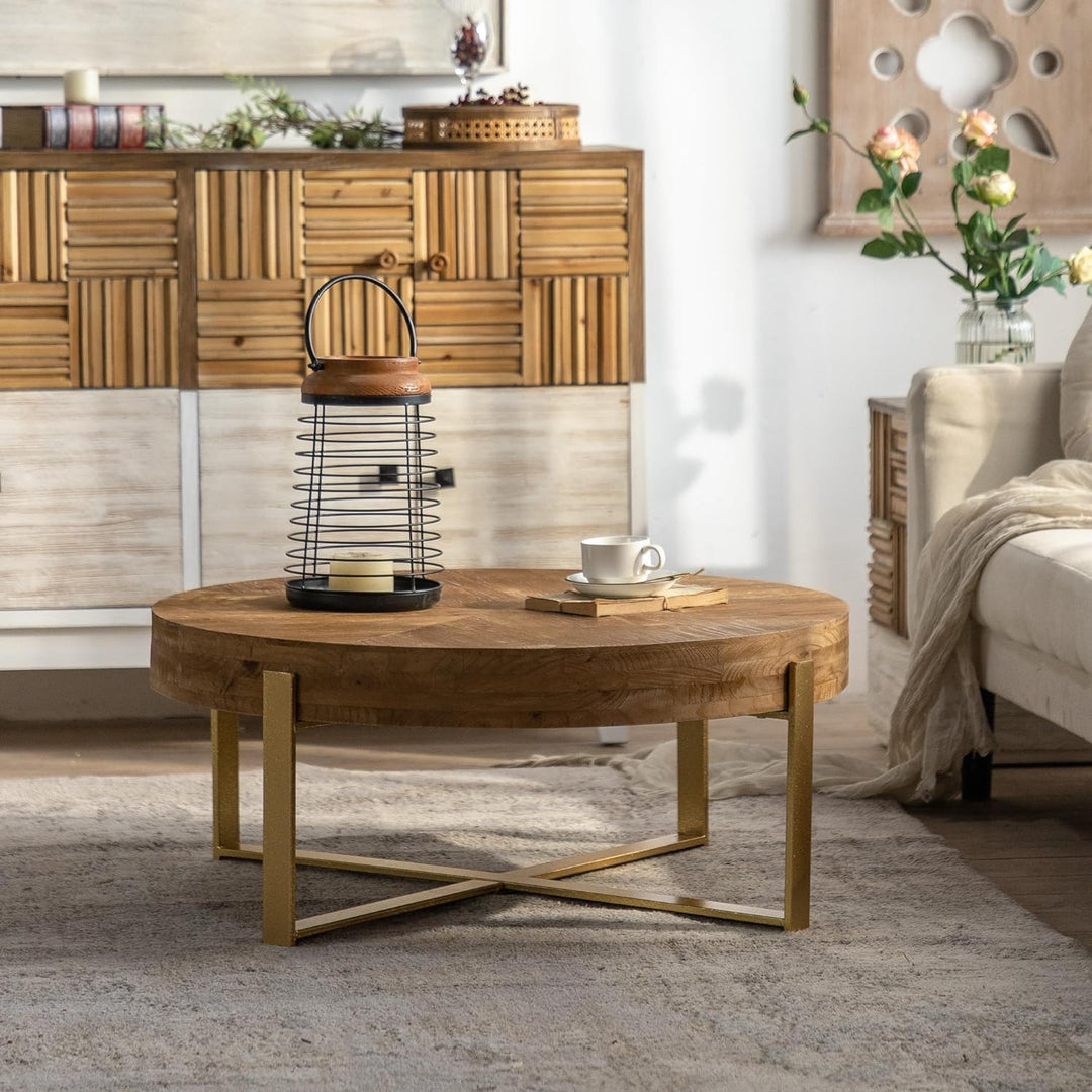 Wood Round Coffee Table, Farmhouse Rustic Fir Wooden Top, Gold