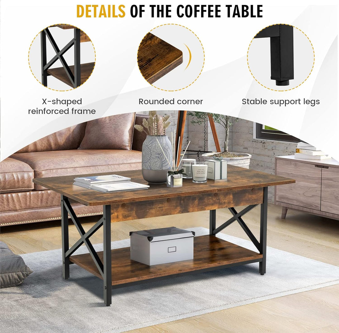 COSTWAY Industrial Coffee Table, 2-Tier Wood Cocktail Tea Table, Rustic Brown