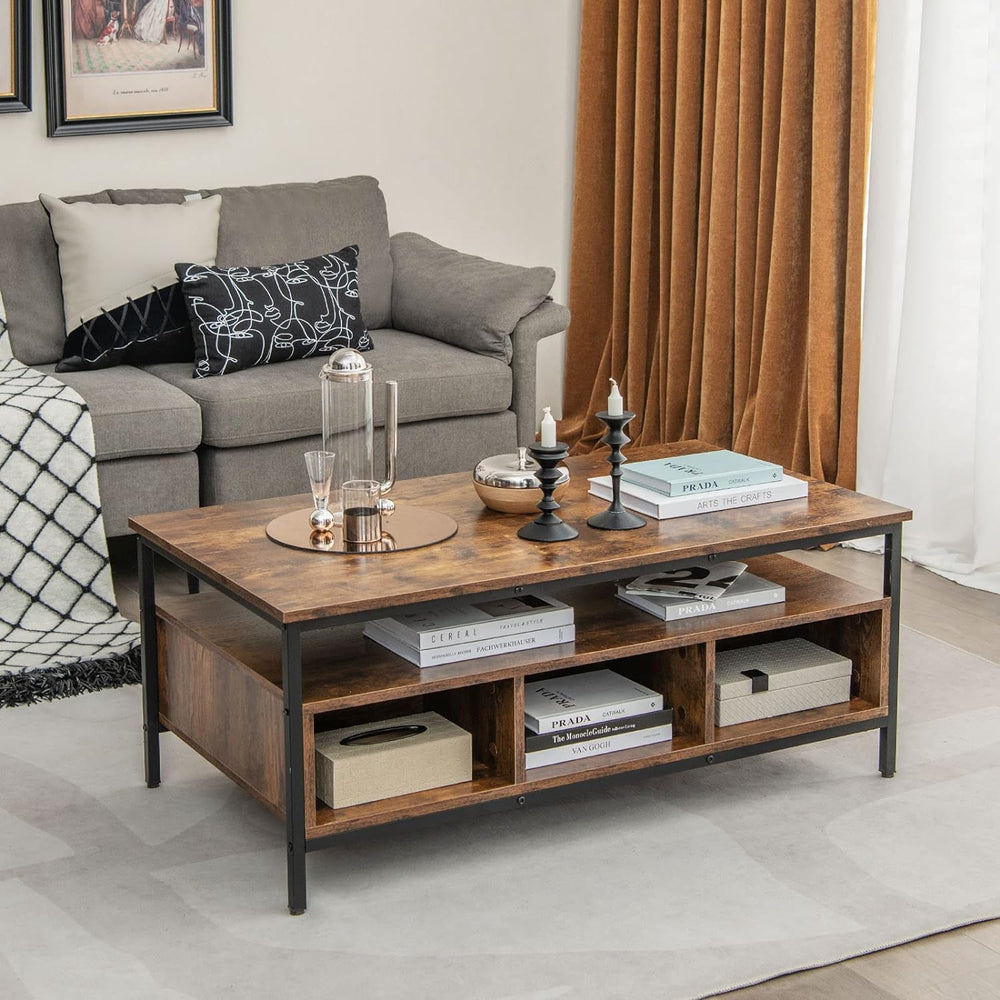 Rustic Industrial Coffee Table, Wood Accent Tea Table, Brown