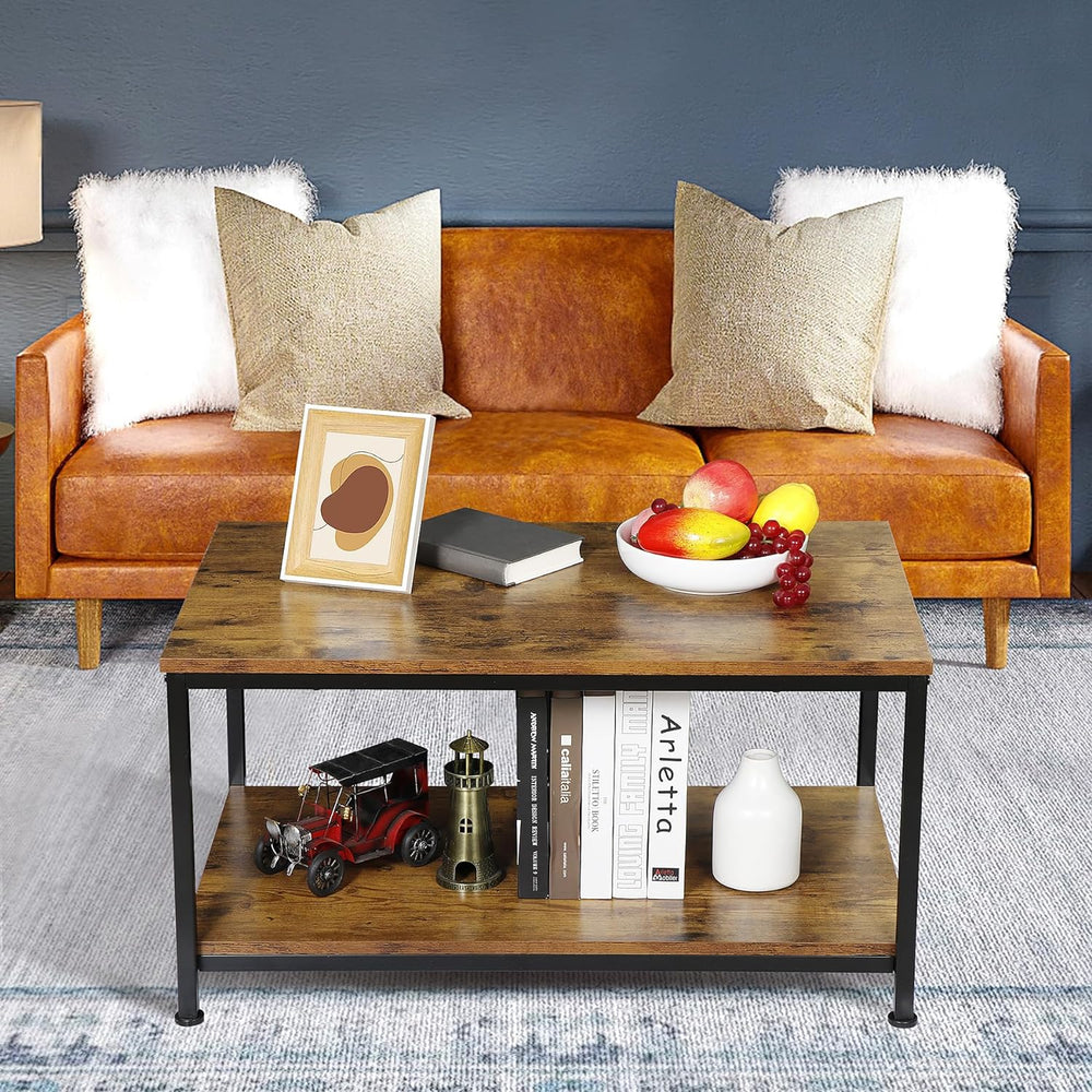 Rustic Industrial Coffee Table with Storage Shelf, Retro Brown