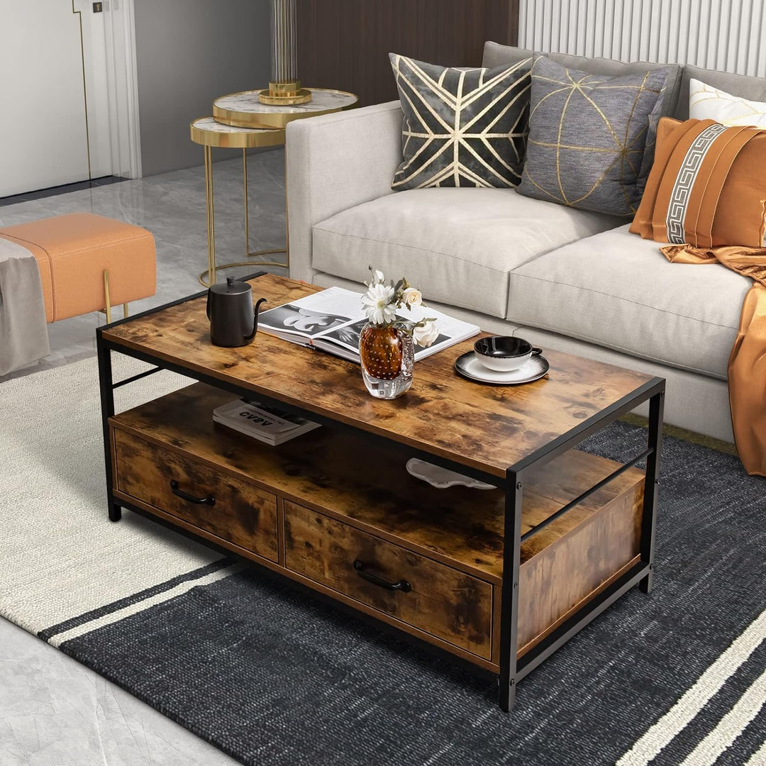 Tangkula Industrial Rectangular Coffee Table, Wooden Accent Console Table, Rustic Brown