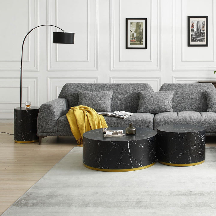 Modern Round Coffee Table Set, Black with Gold Rim