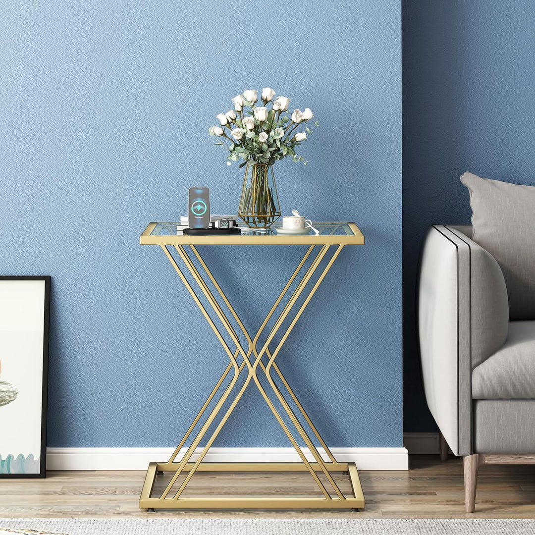 Glass End Table, Gold Side Table, Modern Nightstand