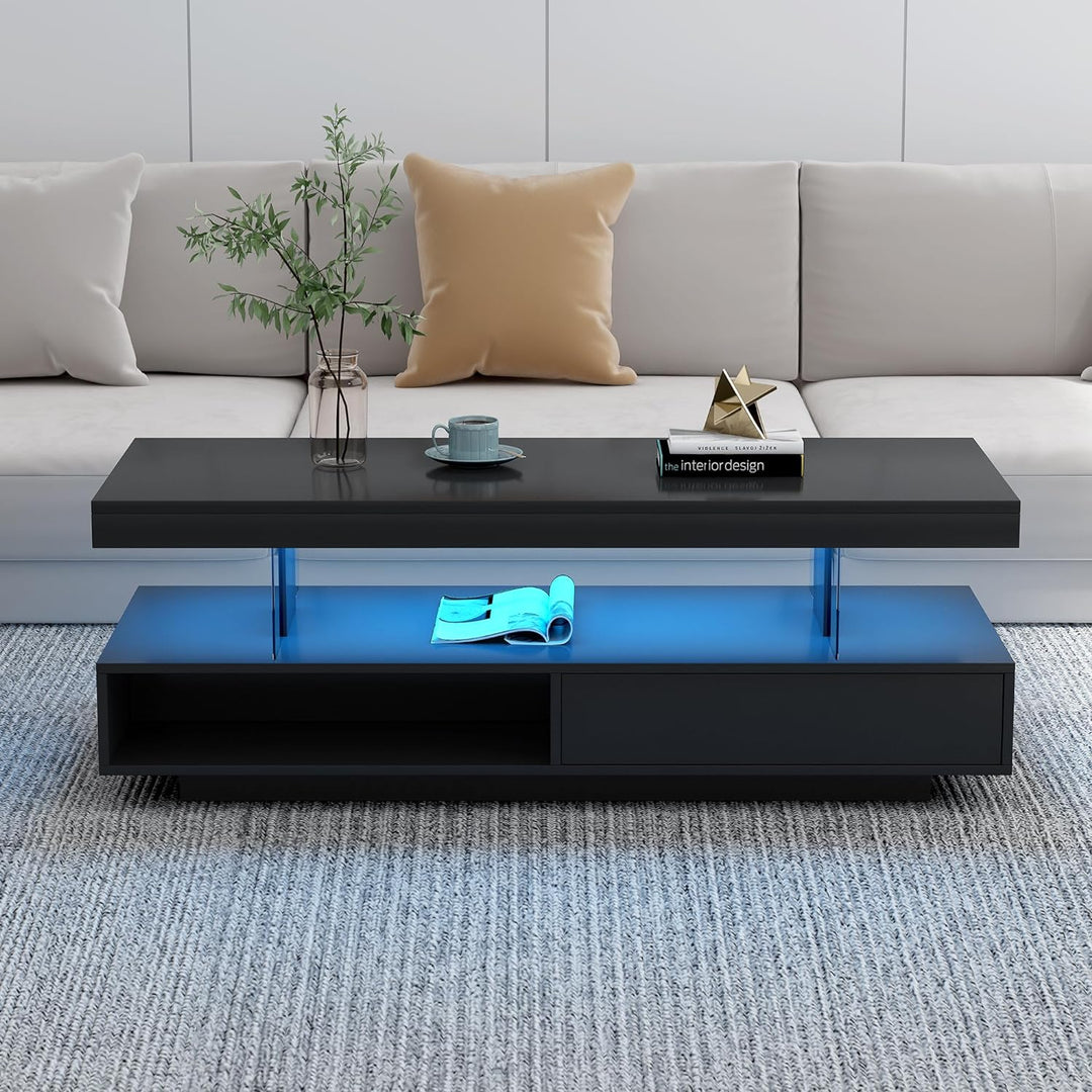 Polibi Modern Center Table with Storage, LED Lights, Black