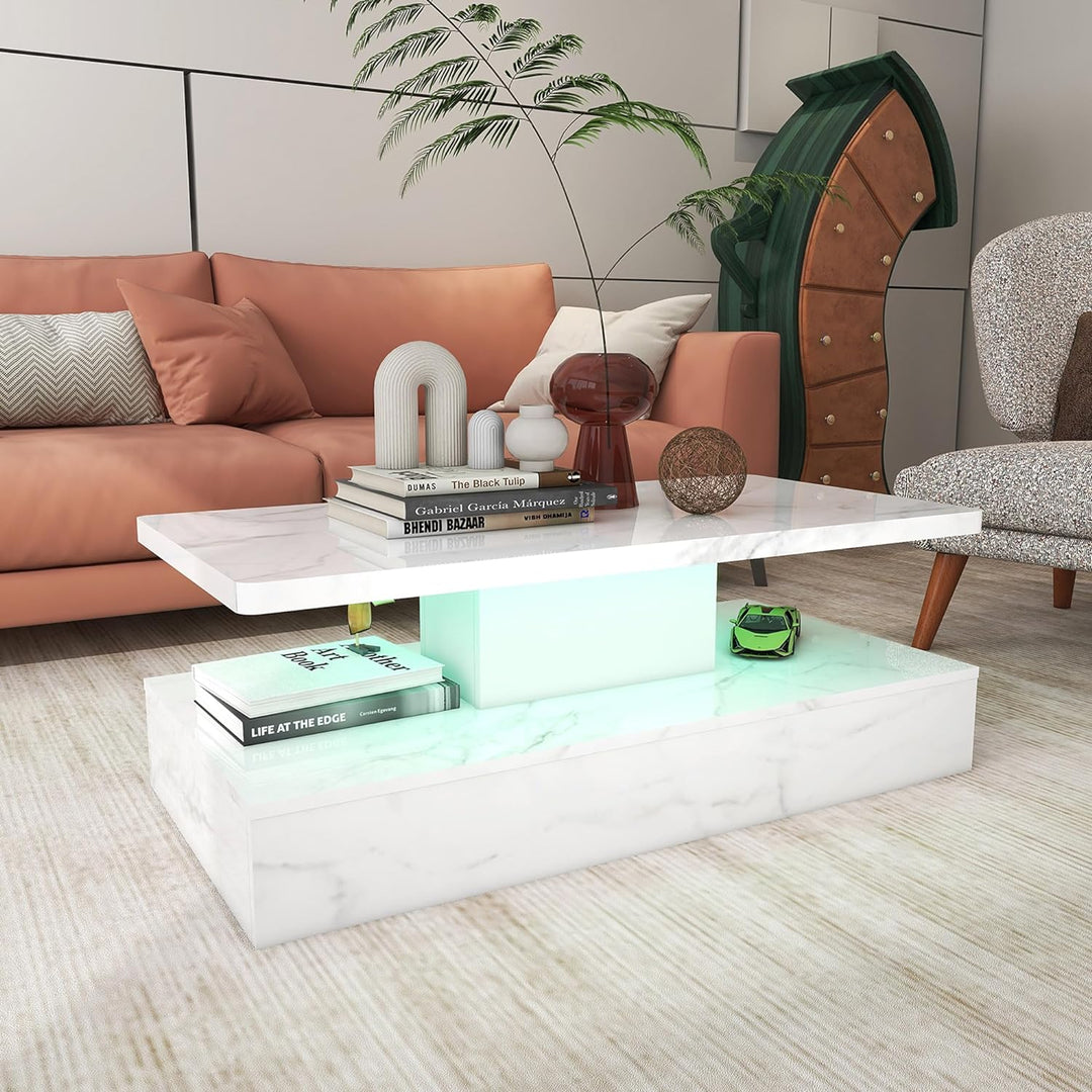 LED Coffee Table, Modern Marble Coffee Table with High Gloss Surface