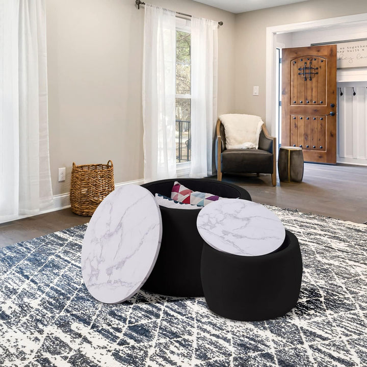 Round Ottoman Tables with Storage, Velvet Nesting Coffee Table Set, Small Footstool, Black