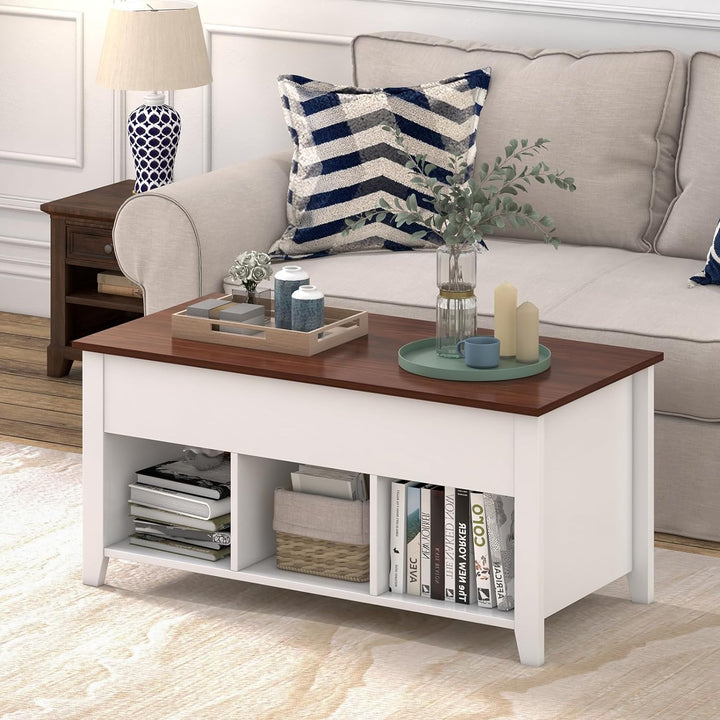 Lift Top Coffee Table with Hidden Compartment, 3 Shelves, White