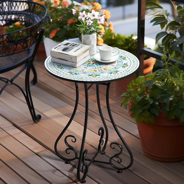 Side Table, 16" Round End Table, Unique Relief Ceramic Tile Tabletop with Metal Frame, Metal Scrollwork Accent Table