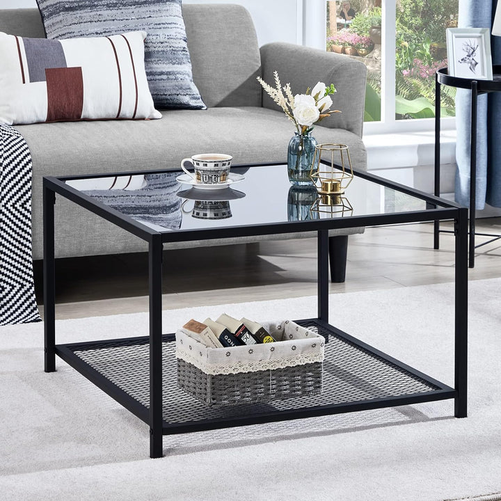 Modern Glass Coffee Table with Storage, Industrial Square Center Table