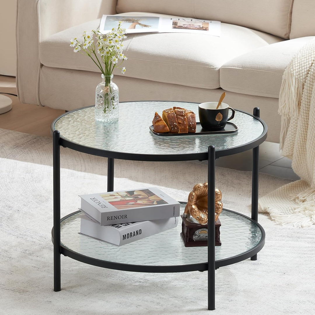 Matte Black Round Coffee Table with Water-Wave Glass, 2-Tier Storage Design, for Living Room, Bedroom, Balcony, Patio