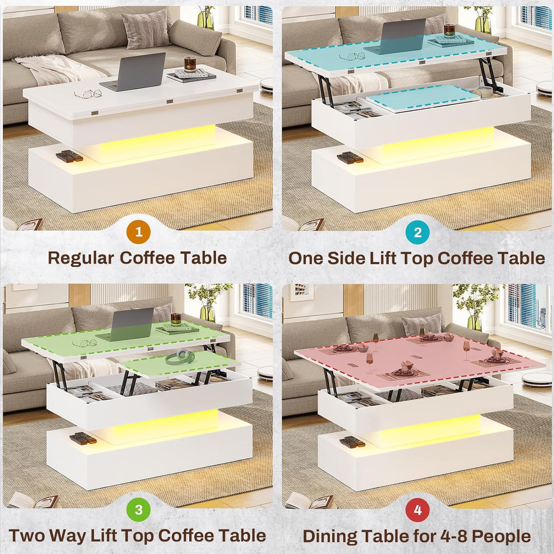 Lift Top Coffee Table with Storage and LED Light, White