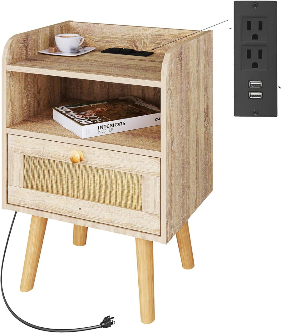 Wood Nightstand w/ Charging Station & Rattan Drawer