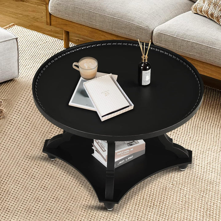 Rustic Farmhouse Round Coffee Table, Boho Wood Tray Top, Black