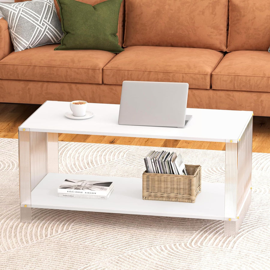 2-Tier Modern Coffee Table, Small Wooden Center Table, White