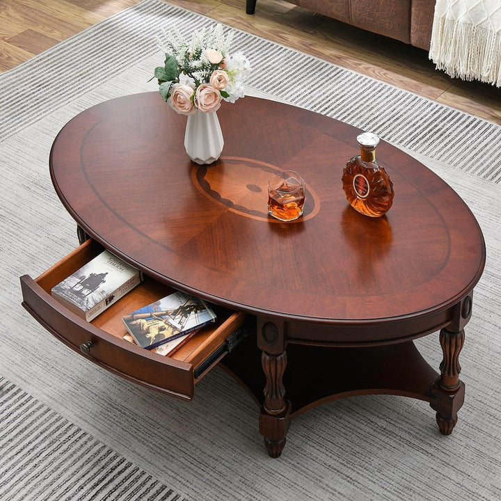 Solid Wood Oval Coffee Table with Storage Drawer, Cherry Walnut