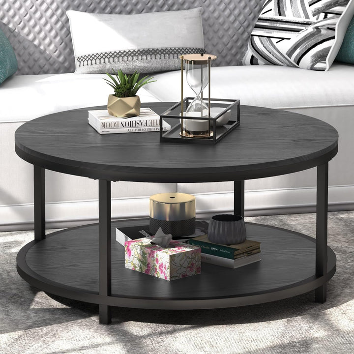 Rustic Industrial Round Coffee Table, Storage Shelf, Gray