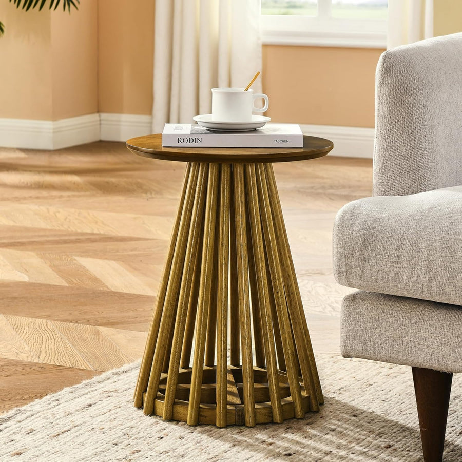 Stylish Mid-Century Round End Table, Solid Wood Nest Base, Brown & Yellow