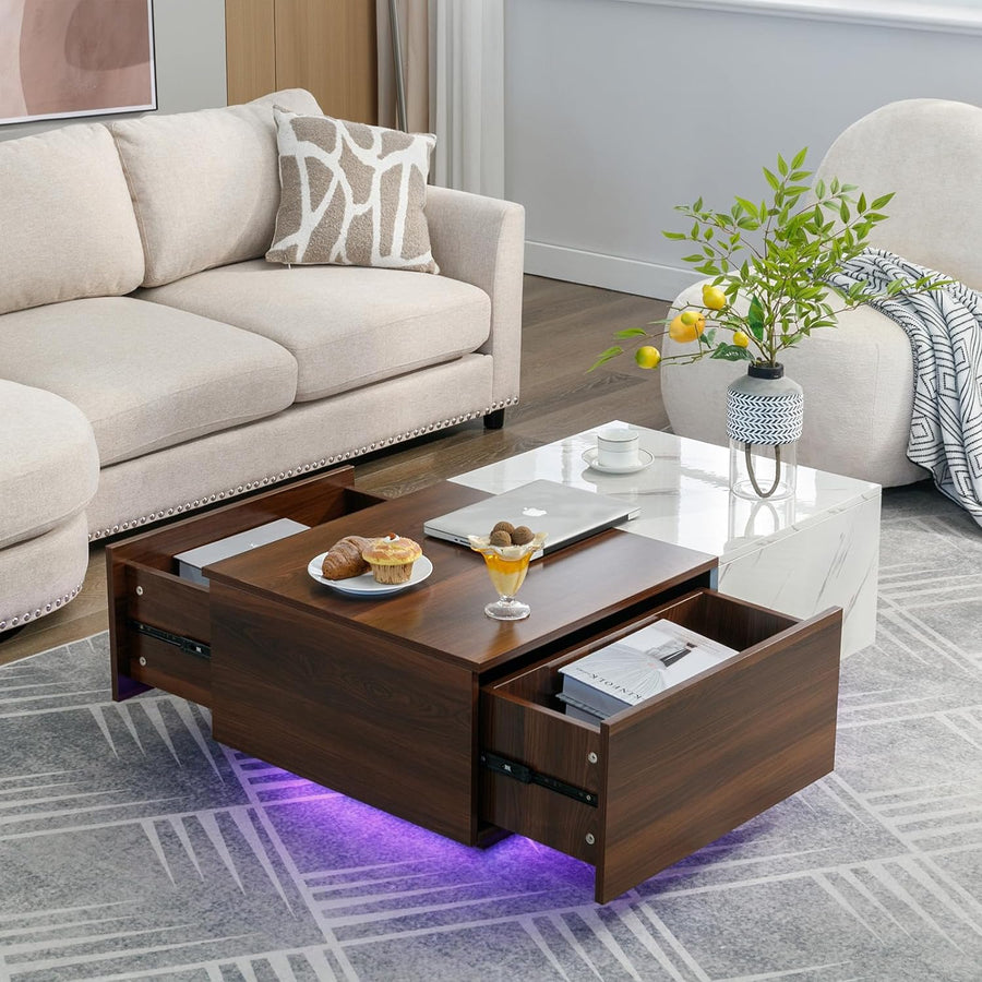 Elegant Walnut and Marble White Coffee Table, Mid-Century Modern