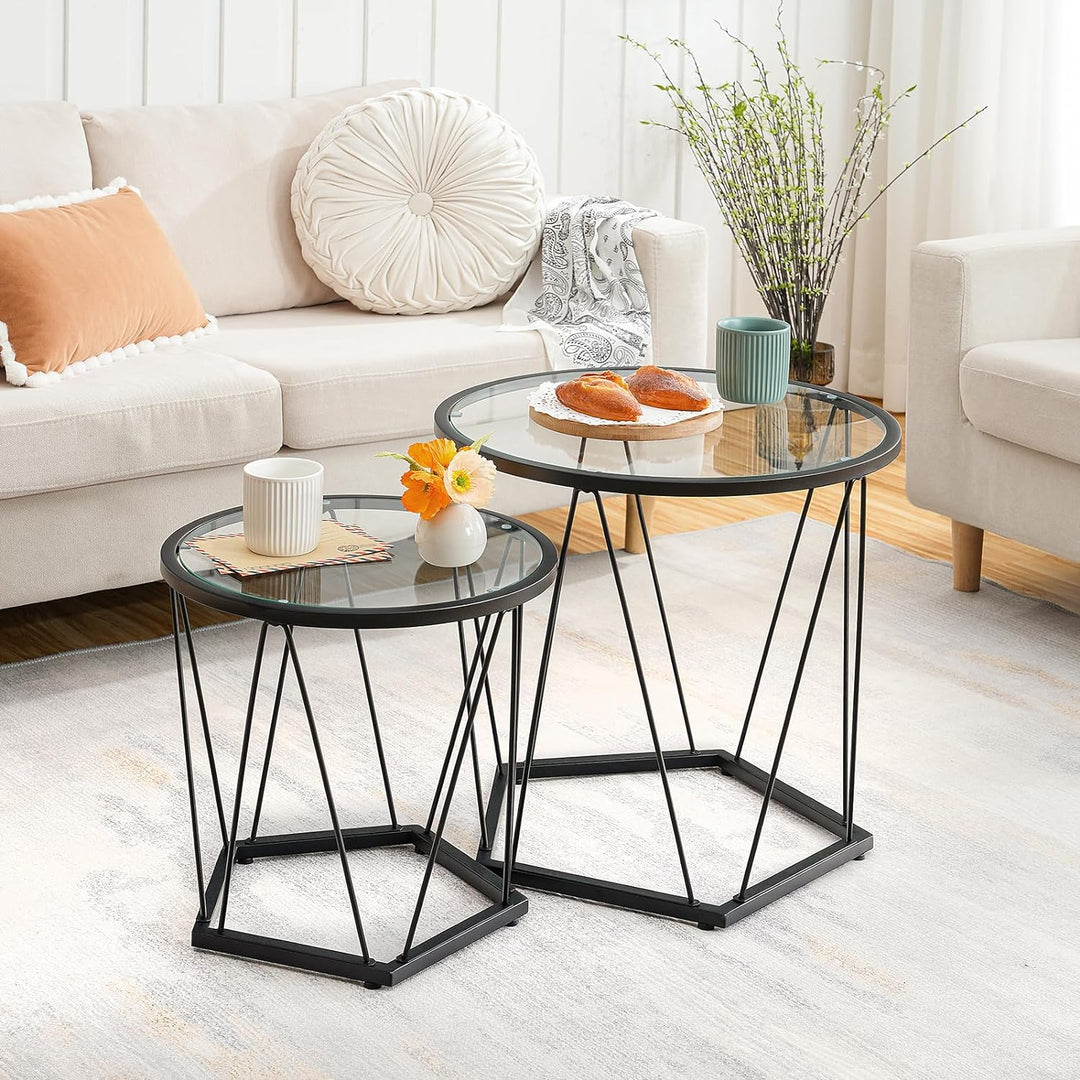 Small Coffee Tables Set, Round Glass Top End Tables, Black