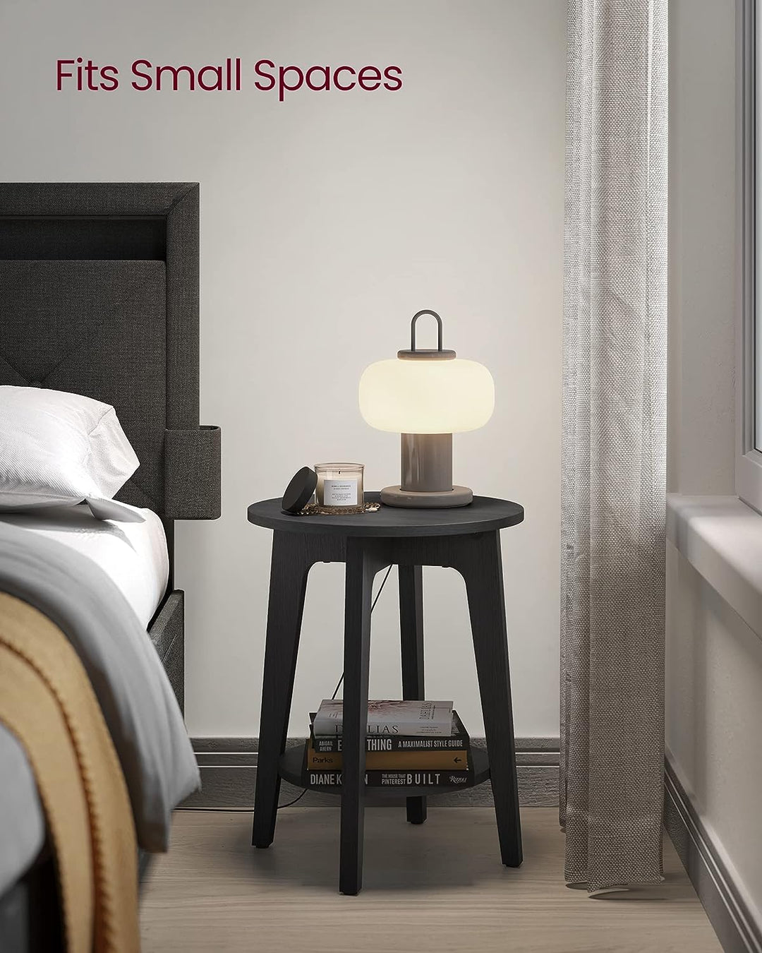 Round Side Table, End Table, Nightstand, Black