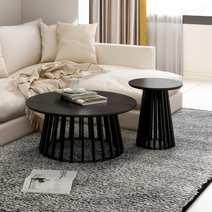 35" Black Round Coffee Table, Modern Nesting Coffee Table Set of 2, Black