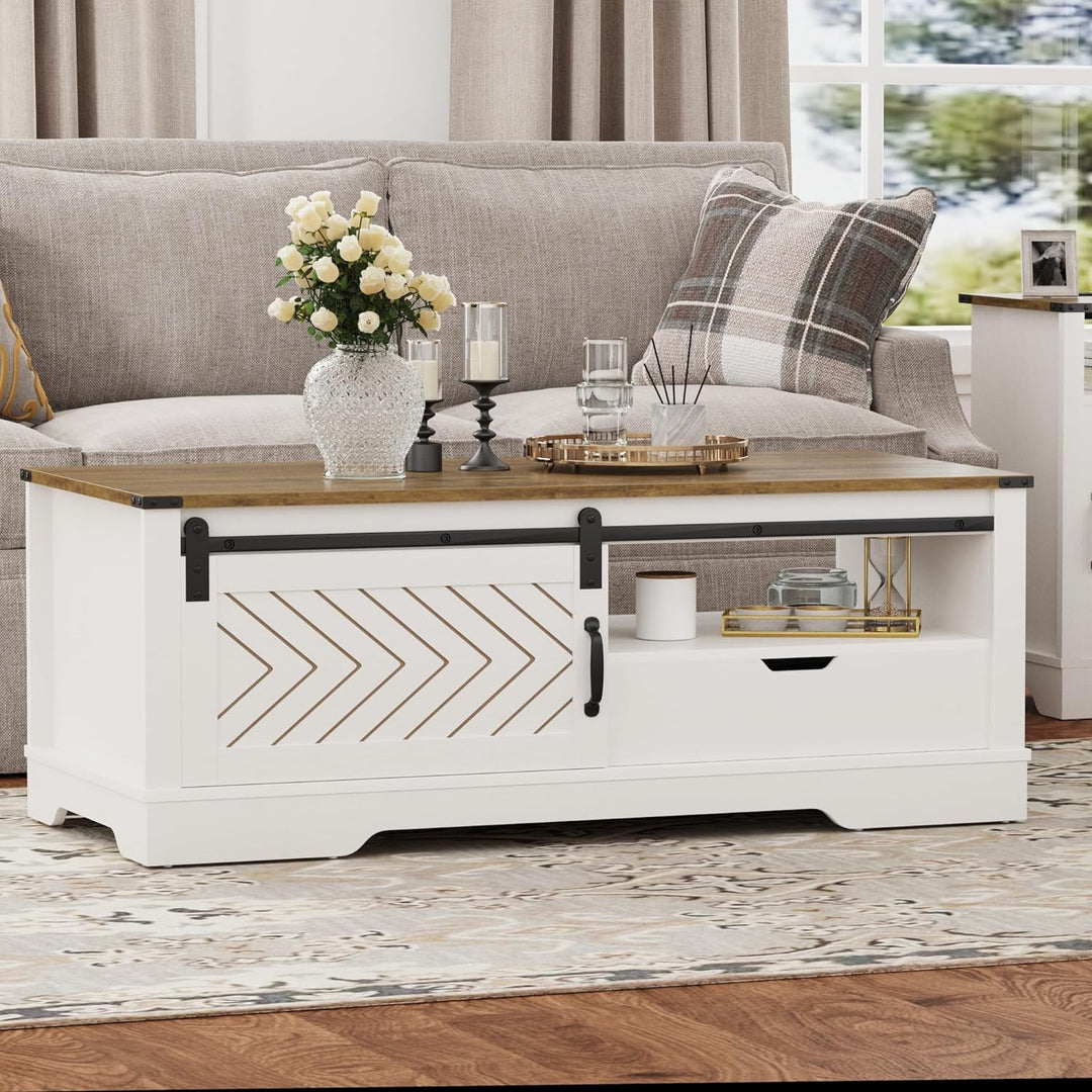 Farmhouse Coffee Table with Storage, Sliding Barn Door, White and Rustic Dark Oak