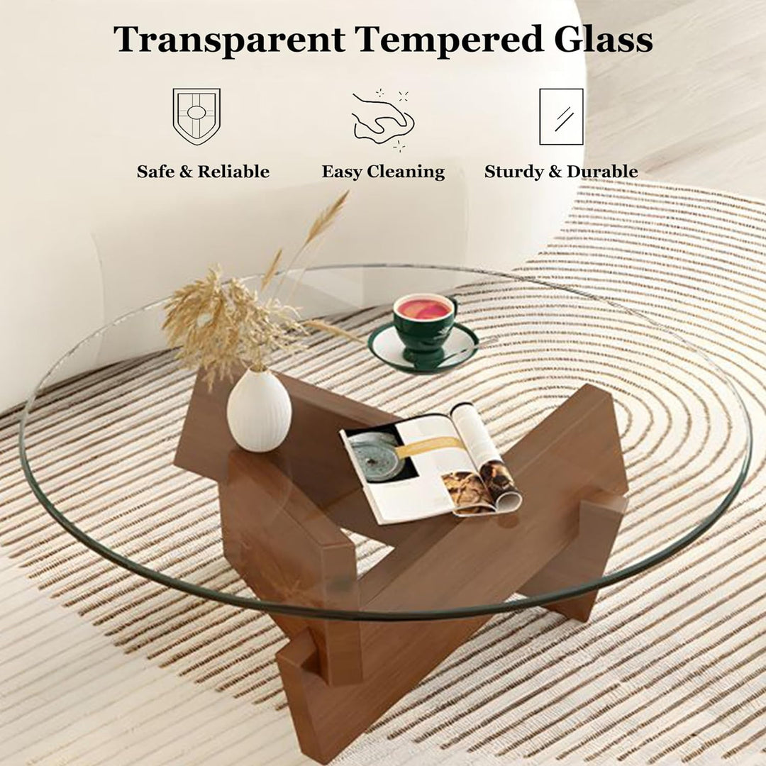 Stylish Round Glass Coffee Table, Walnut Transparent