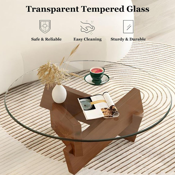 Stylish Round Glass Coffee Table, Walnut Transparent