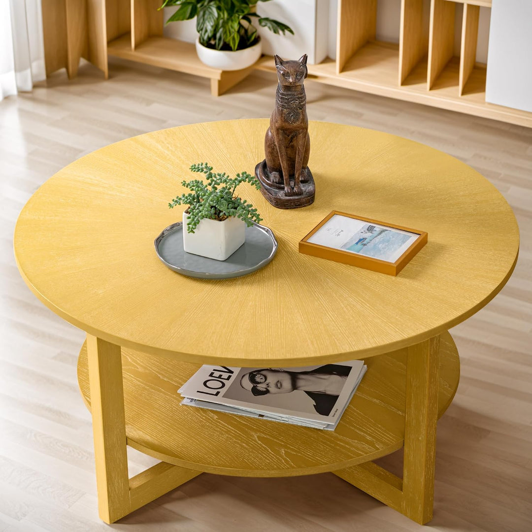 Stylish 2-Tier Round Coffee Table, Solid Wood Legs, Light Yellow