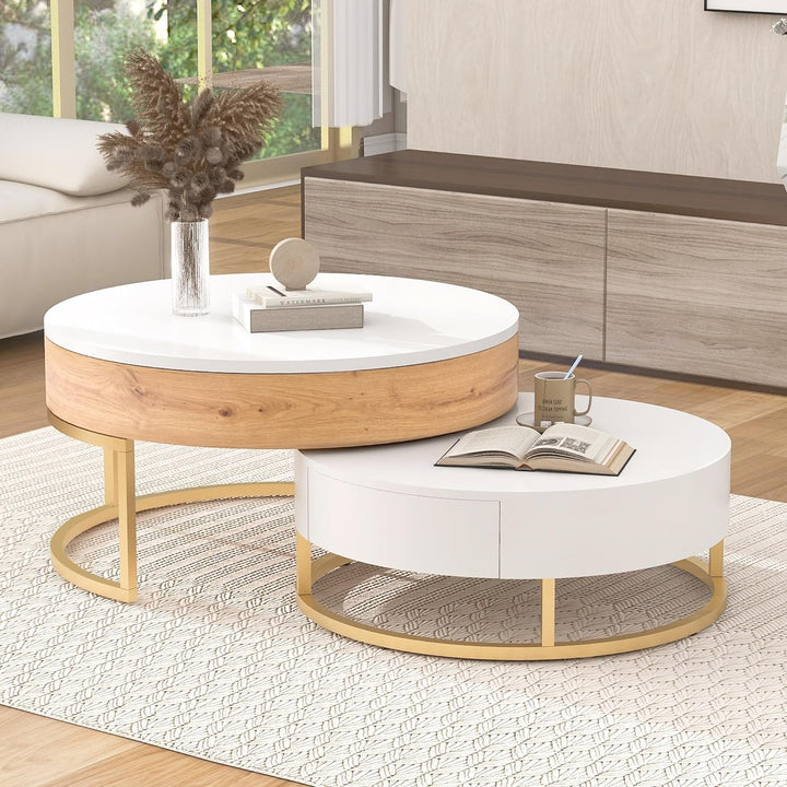 Modern Round Lift-top Nesting Coffee Tables, Oak Natural Wood Antique White