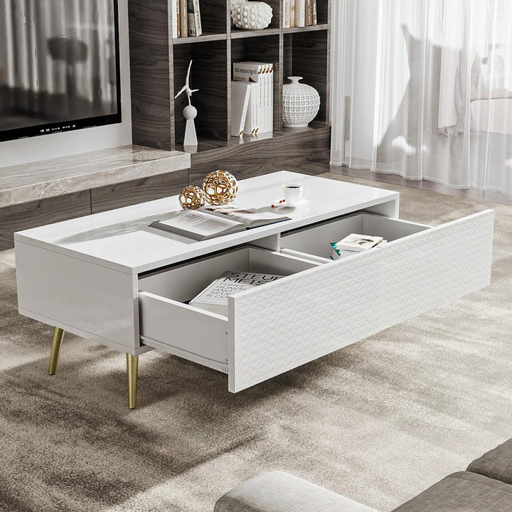 Modern Rectangular Coffee Table with Drawers, White