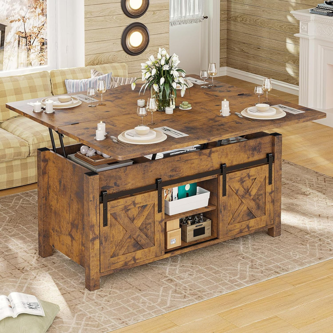 Rustic Lift-Top Coffee Table, Convertible 4-in-1 with Storage, Rustic Brown