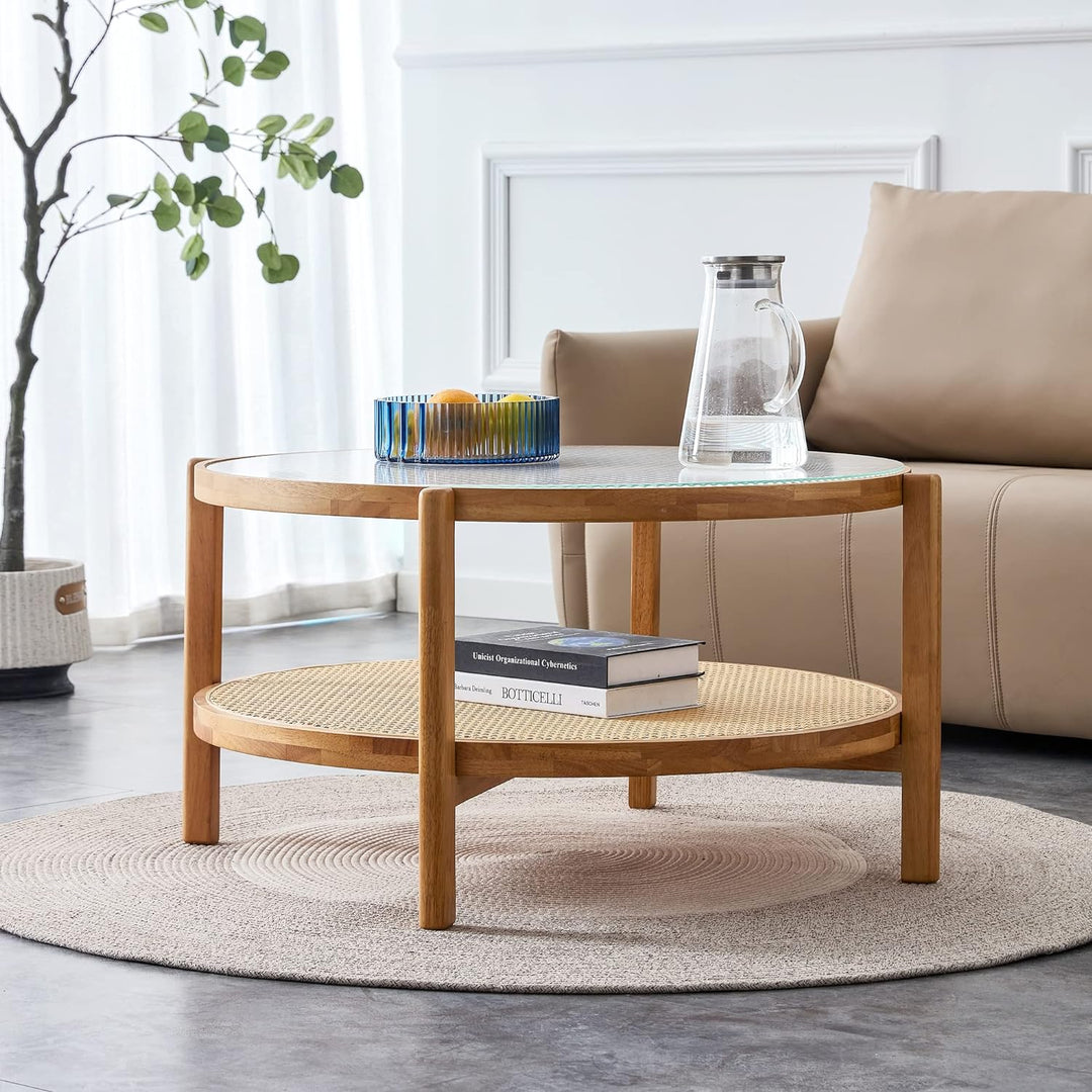 Circular Coffee Table with Storage, Natural Wood