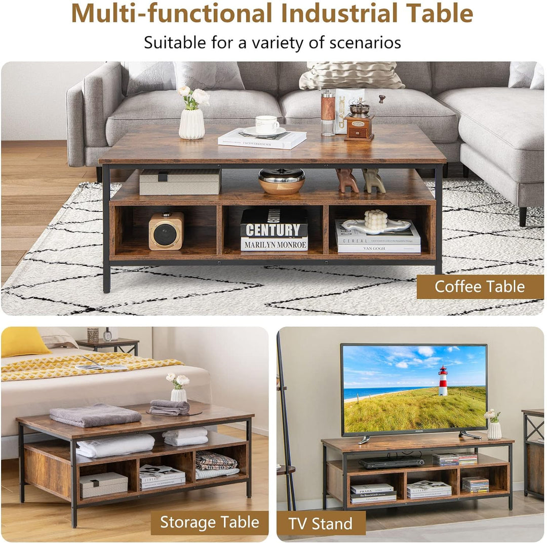 Rustic Industrial Coffee Table, Wood Accent Tea Table, Brown