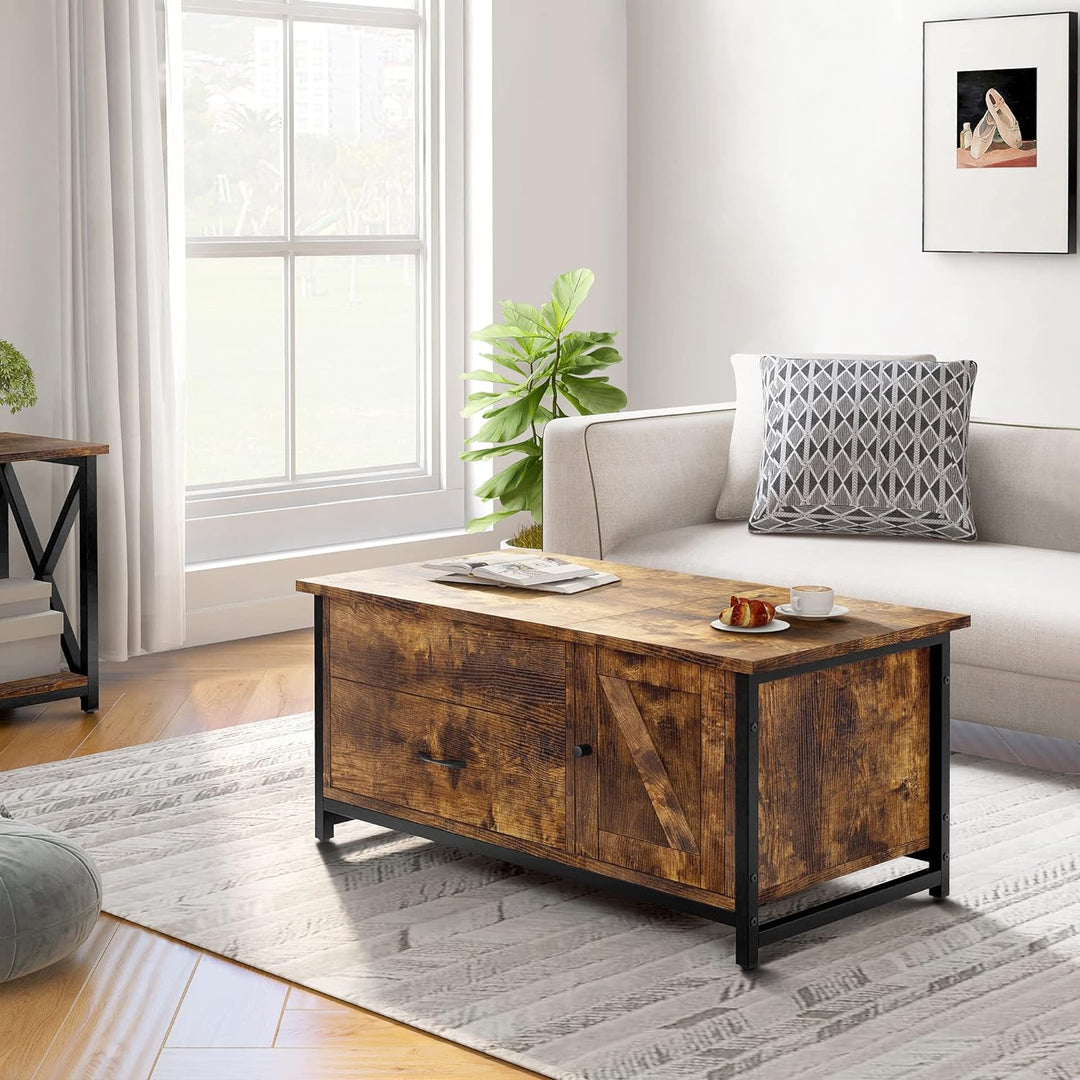 Lift Top Coffee Table with Storage, Barn Door Cabinet Console, Farmhouse Wood, Rustic Brown