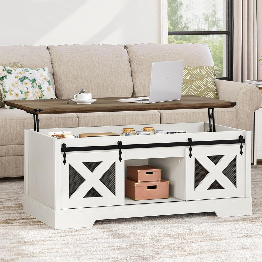 Rustic Farmhouse Coffee Table with Lift Top, Storage, Barn Door, Brown and White