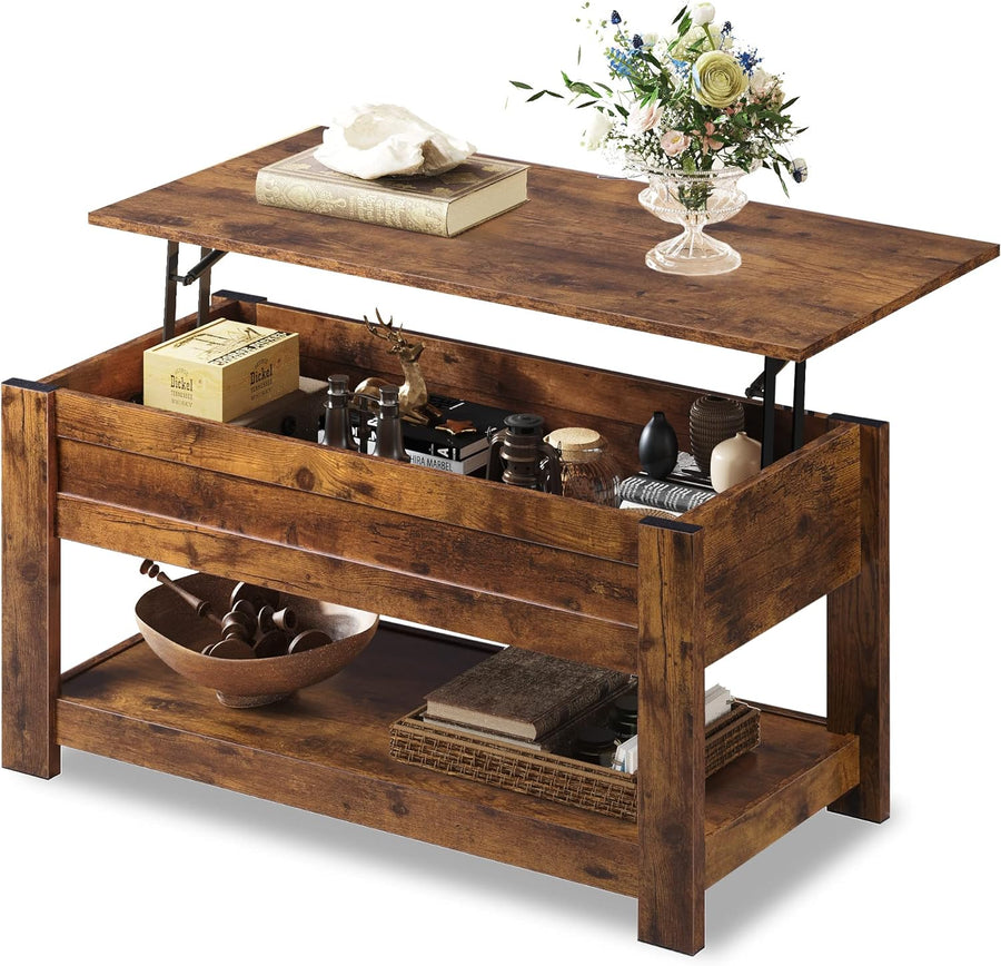 Modern Lift Top Coffee Table with Storage Shelf, Rustic Brown