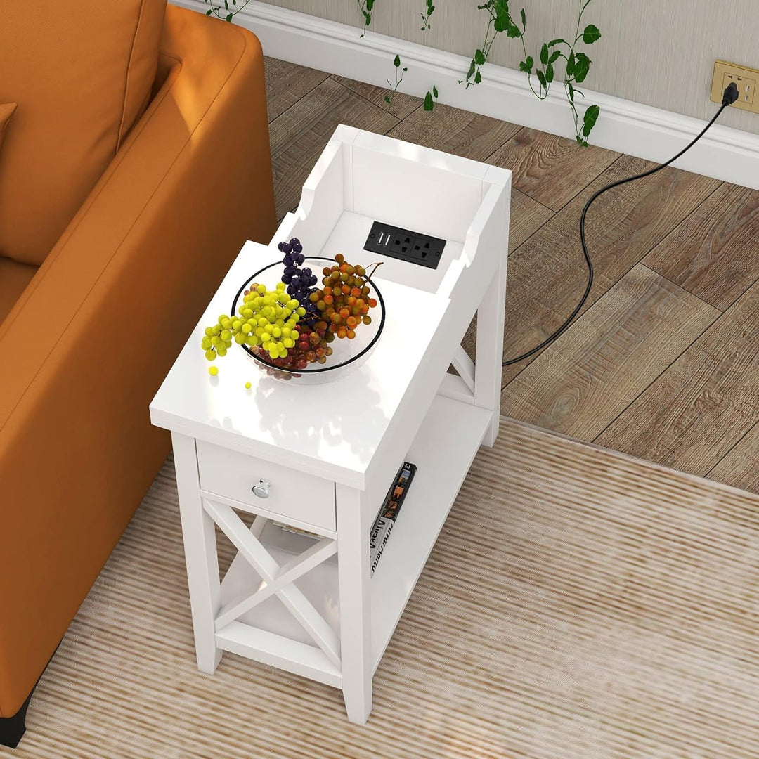 End Table with Charging Station, Narrow White