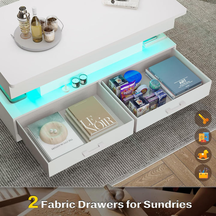 Lift Top Coffee Table with Storage and LED Light, White