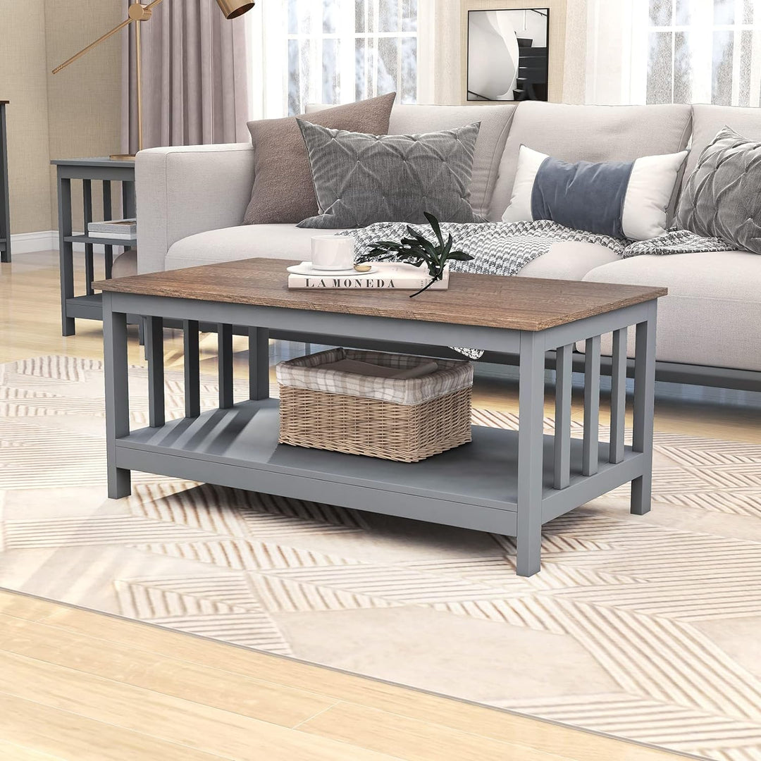 ChooChoo Farmhouse Coffee Table with Shelf, Grey