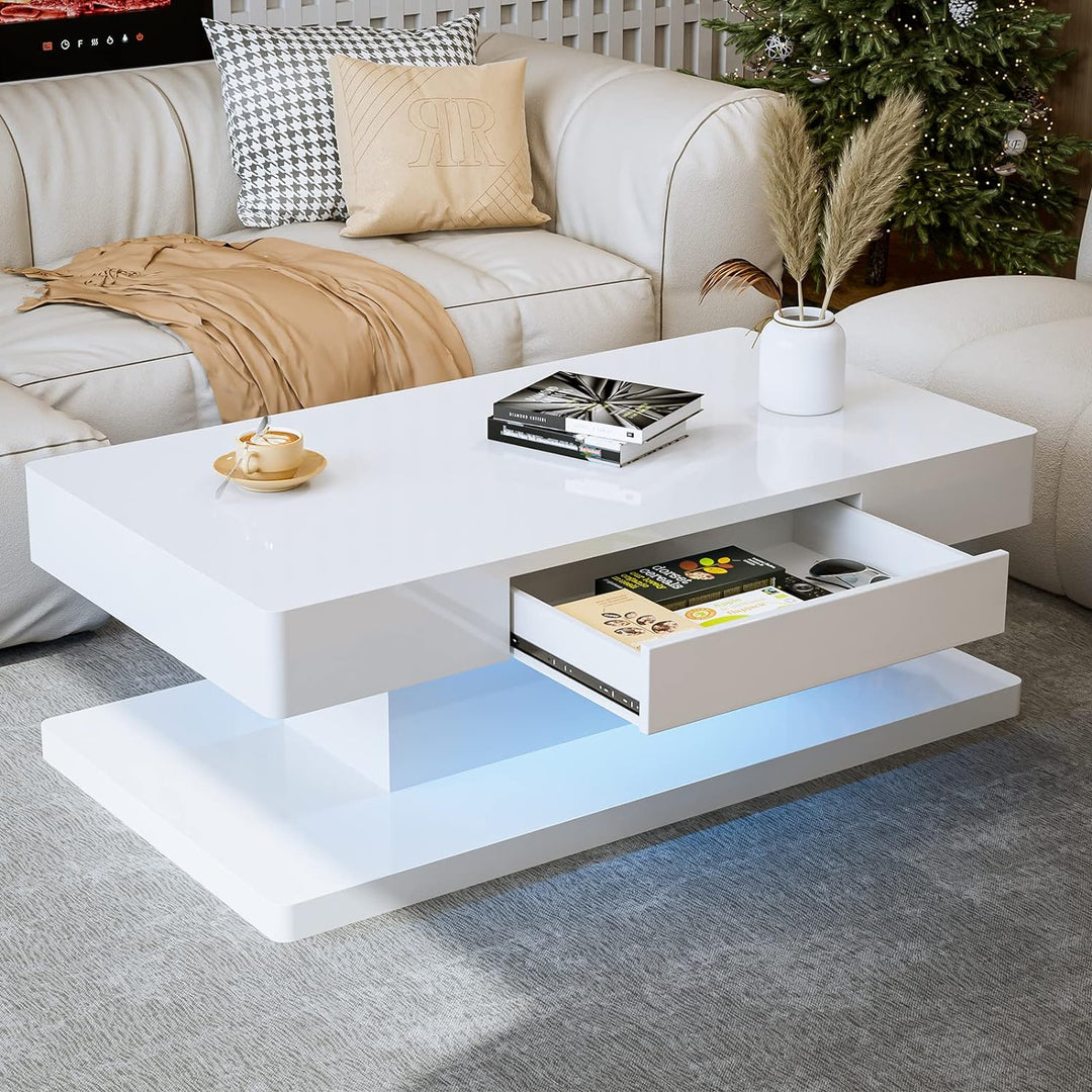 IKIFLY Modern LED Coffee Table, White High Glossy Rectangle