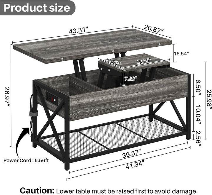 Versatile Coffee Table with Lifting Top, Charging Station, Grey