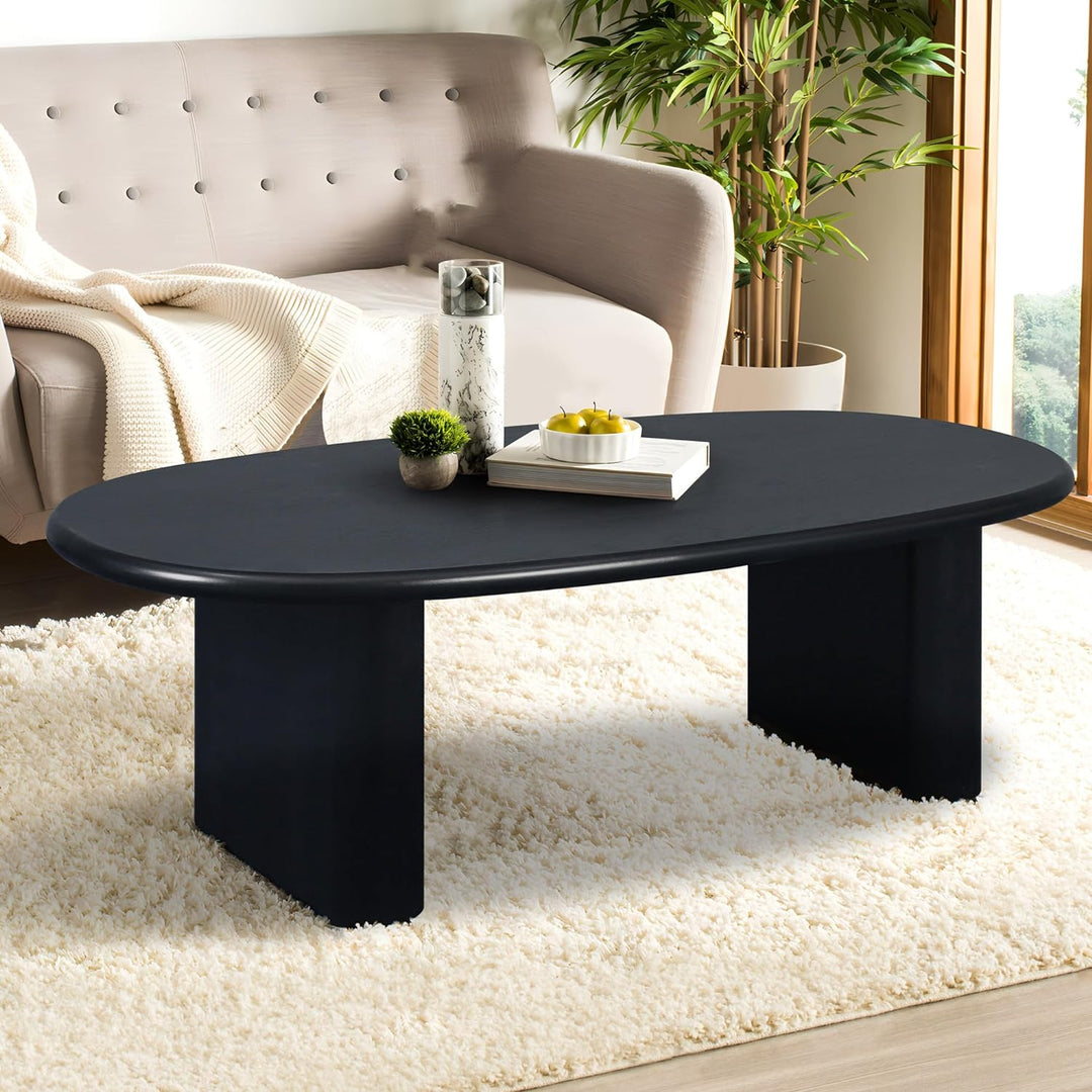 Stylish Mid-Century Oval Coffee Table, Black Wood Grain Top, Pedestal Base