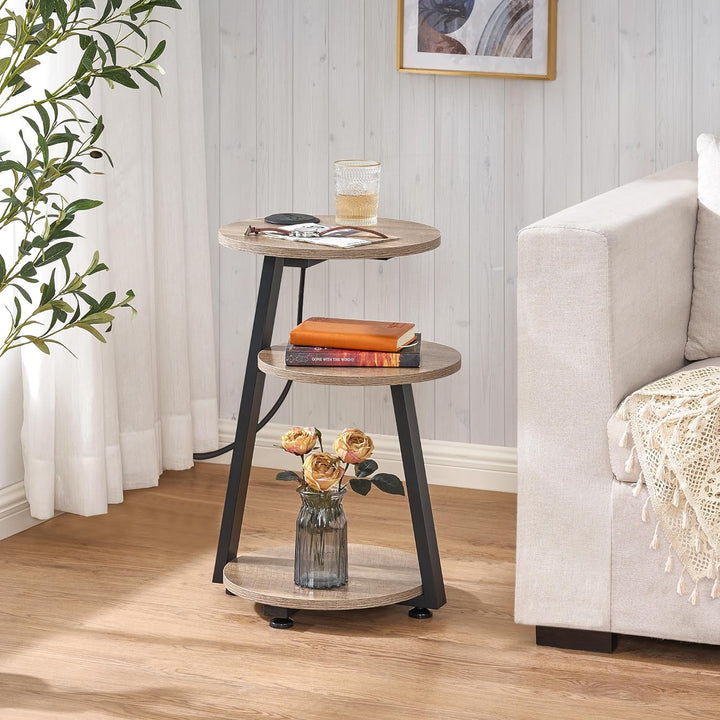 Round End Table w/ Charging Station, 3-Tier Shelves