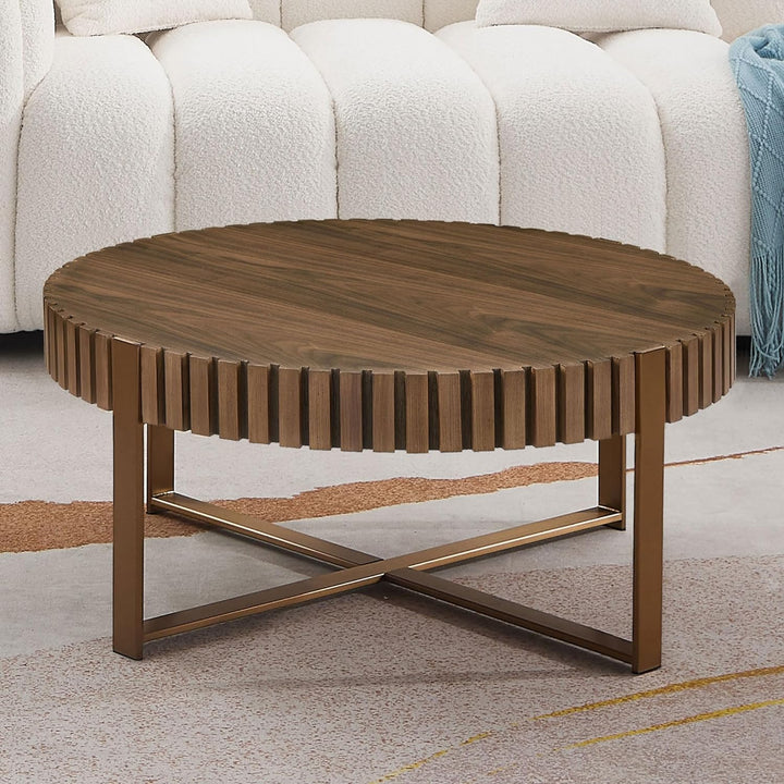 31.5" Round Farmhouse Coffee Table, Walnut, Sturdy Base