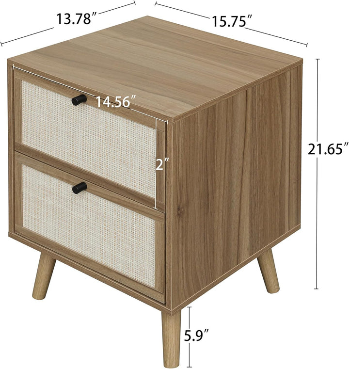 Rattan Nightstand Set of 2, 2-Drawer Wood Accent Table